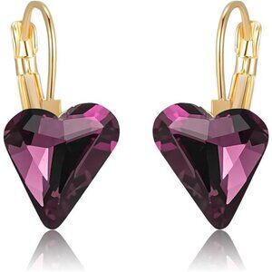 14K Rose Gold Trendy Austrian Crystal Heart Drop Leverback Earrings for Women